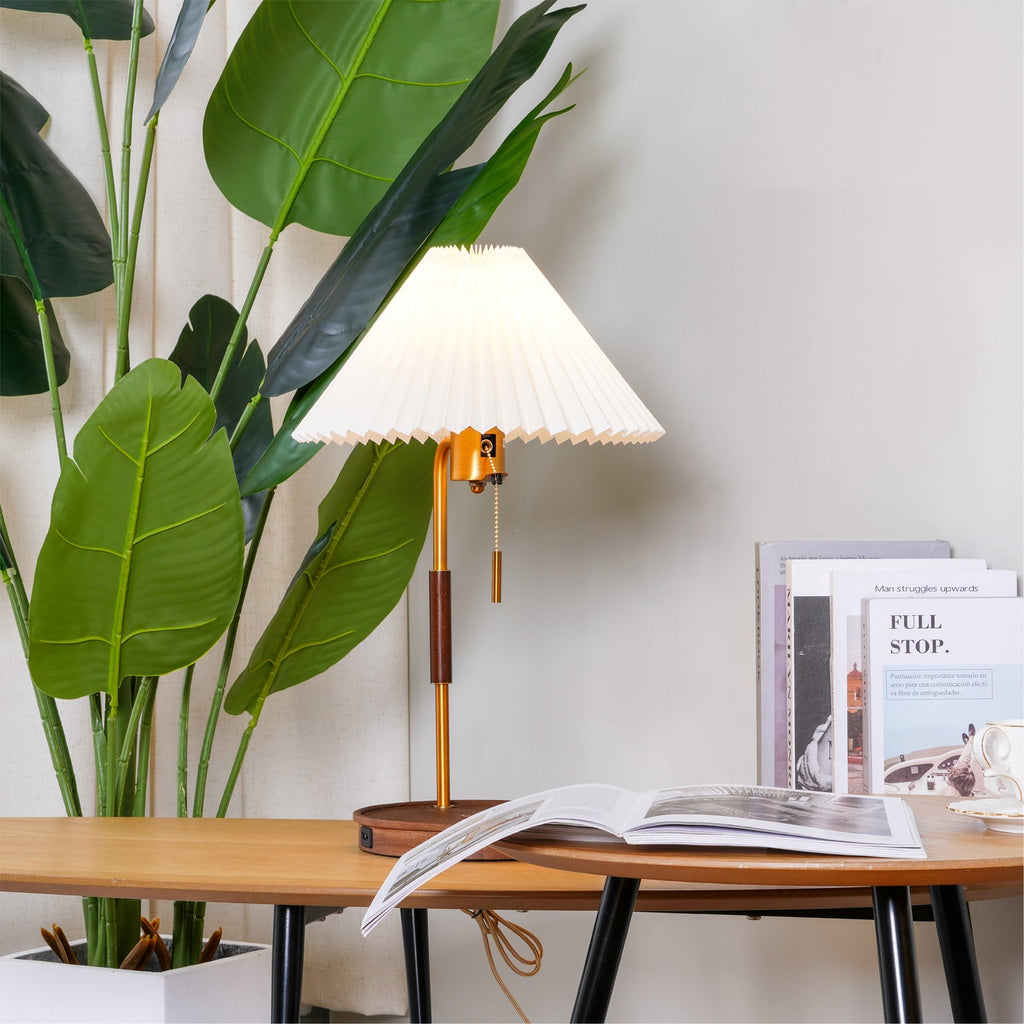 Table Lamp 20.4 Inches Walnut Base Pleated Linen Shade