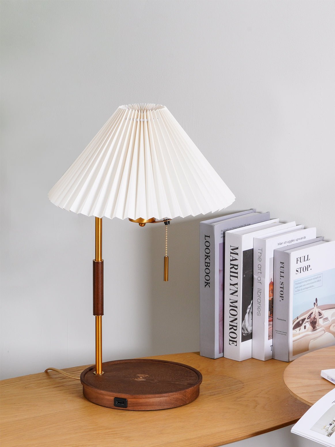 Table Lamp 20.4 Inches Walnut Base Pleated Linen Shade
