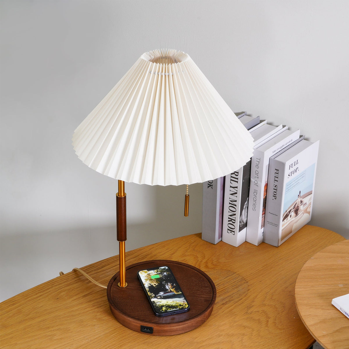 Table Lamp 20.4 Inches Walnut Base Pleated Linen Shade
