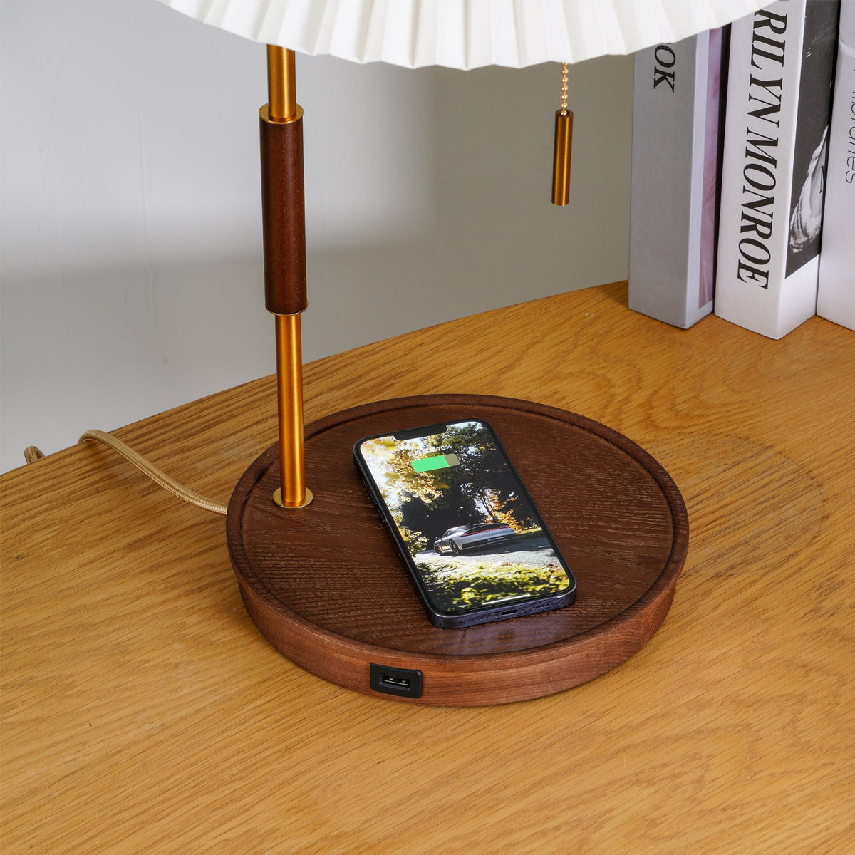 Table Lamp 20.4 Inches Walnut Base Pleated Linen Shade