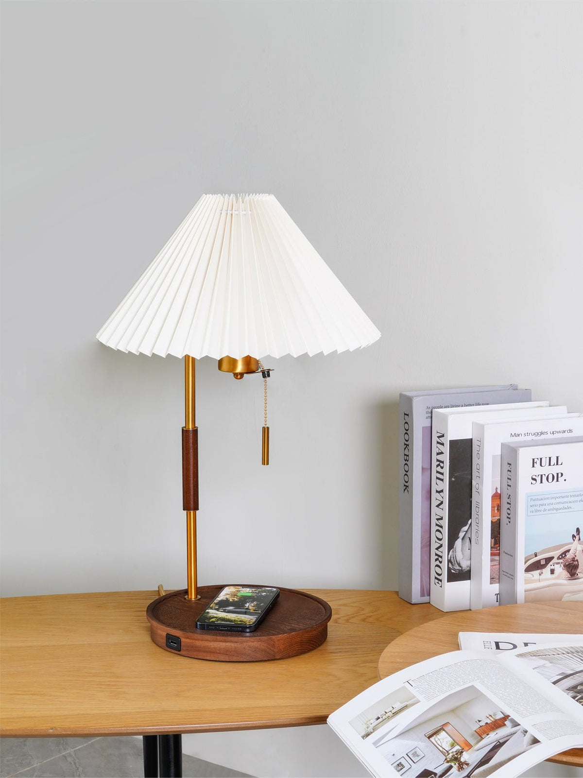 Table Lamp 20.4 Inches Walnut Base Pleated Linen Shade