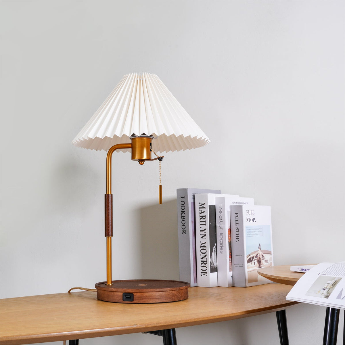 Table Lamp 20.4 Inches Walnut Base Pleated Linen Shade