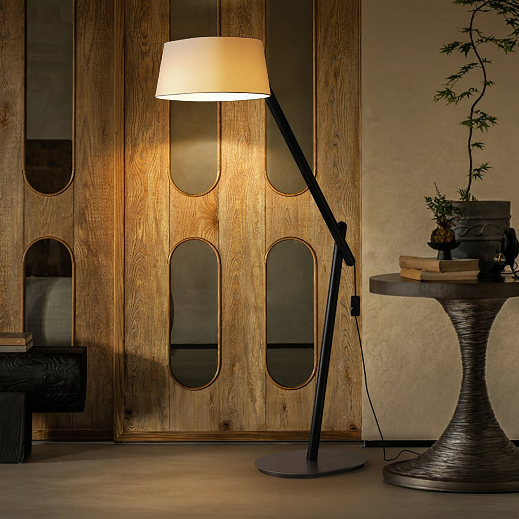 Adjustable Arm Floor Lamp Wood Frame White Fabric Shade 65 in