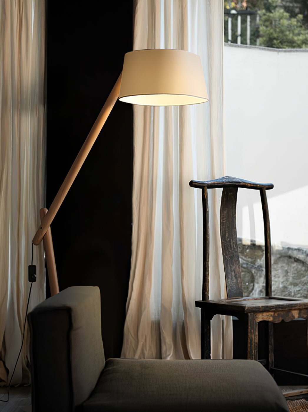 Adjustable Arm Floor Lamp Wood Frame White Fabric Shade 65 in