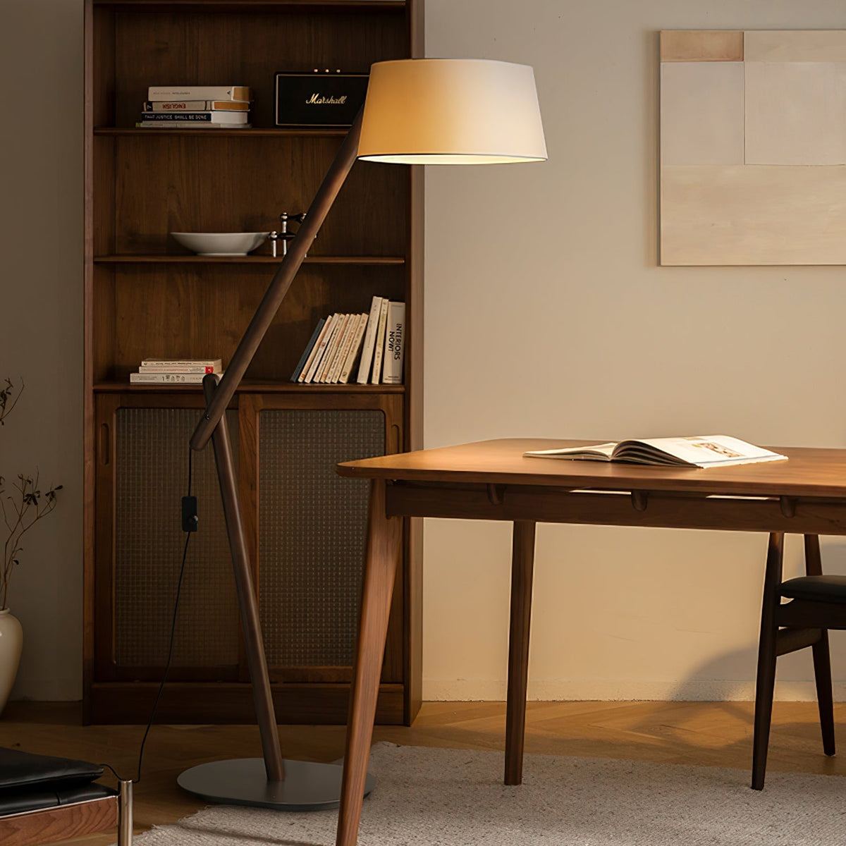 Adjustable Arm Floor Lamp Wood Frame White Fabric Shade 65 in