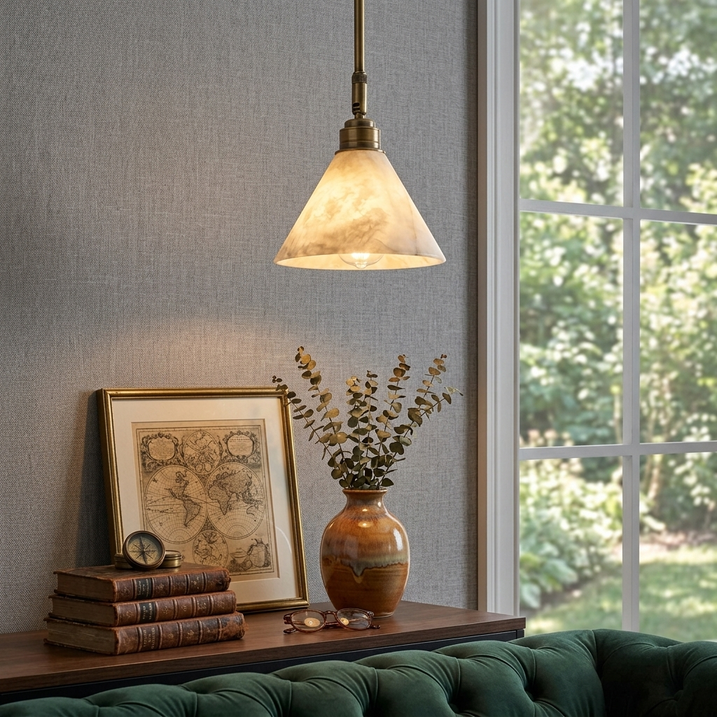 Alabaster Cone Pendant Light Slim Downrod 6.7 in Set of 2