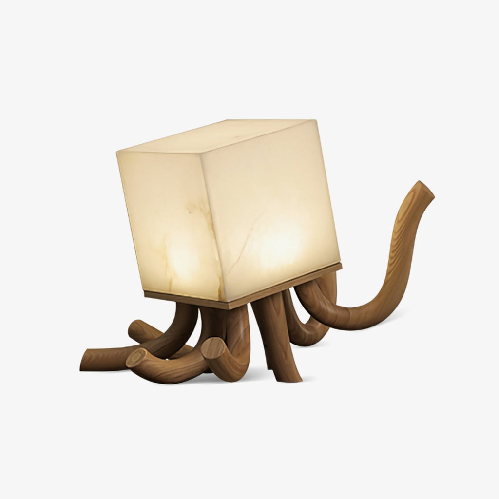 Alabaster Cube Table Lamp Carved Wood Root Base 15.3 in Set of 2