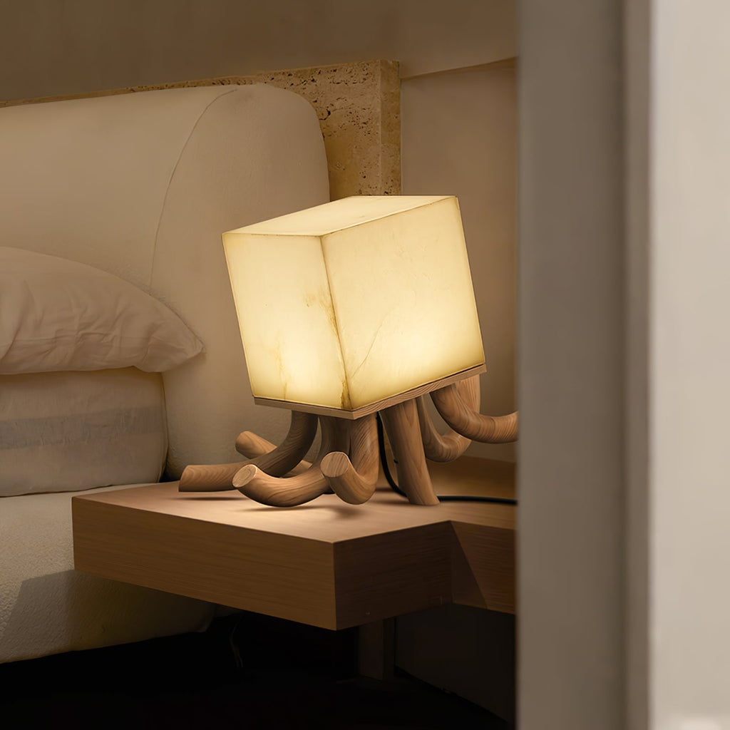 Alabaster Cube Table Lamp Carved Wood Root Base 15.3 in Set of 2