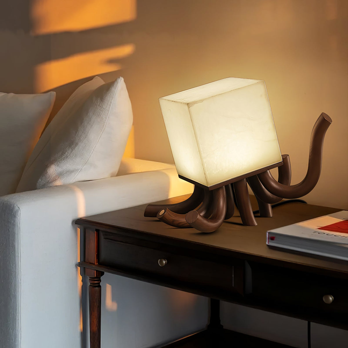 Alabaster Cube Table Lamp Carved Wood Root Base 15.3 in Set of 2