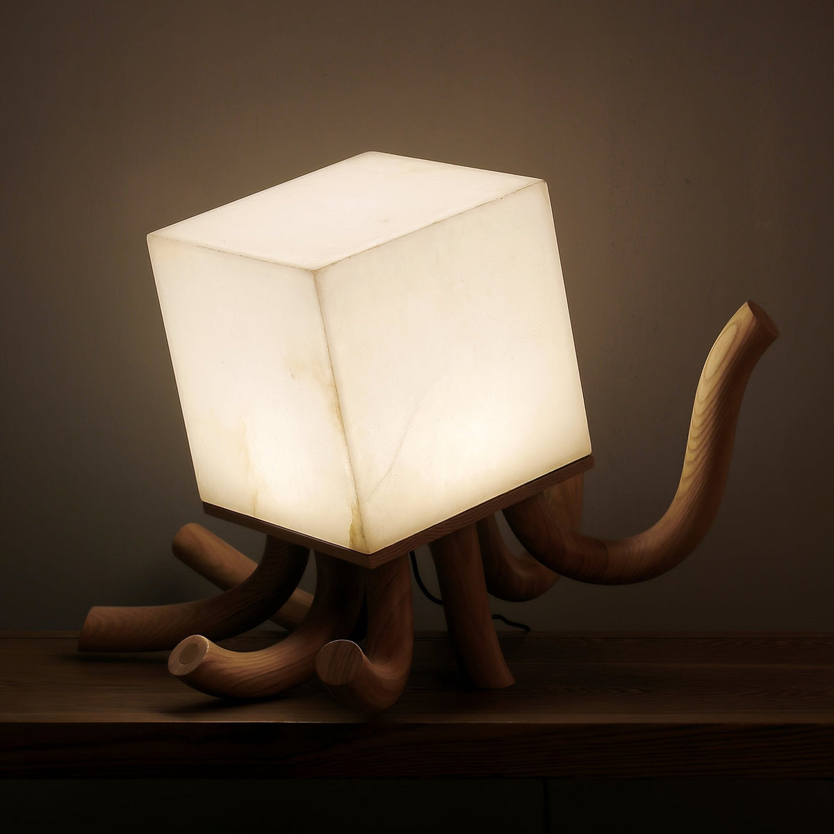 Alabaster Cube Table Lamp Carved Wood Root Base 15.3 in Set of 2