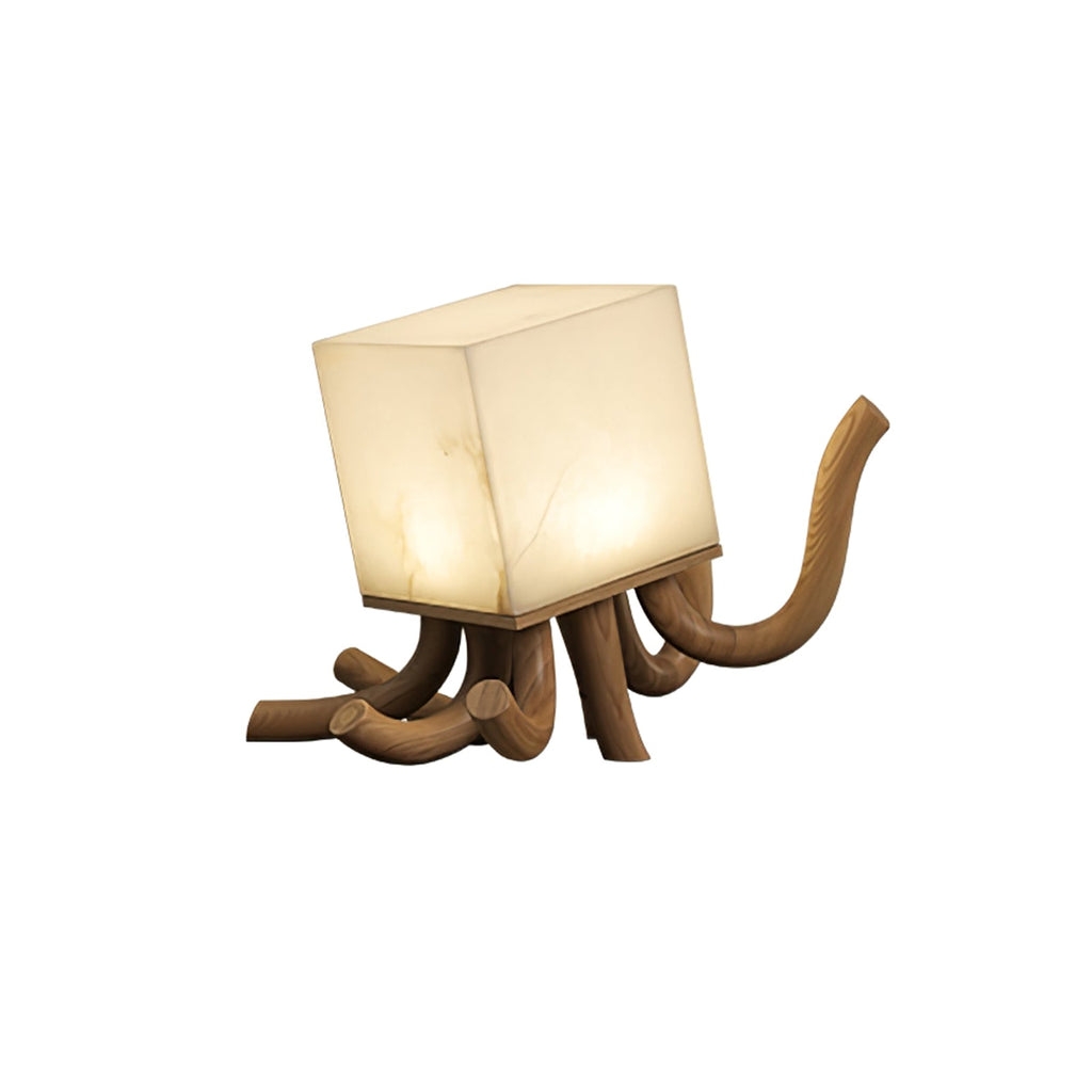 Alabaster Cube Table Lamp Carved Wood Root Base 15.3 in Set of 2
