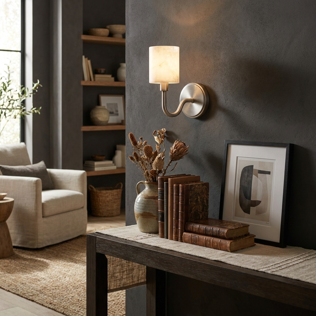 Alabaster Cylinder Wall Sconce Curved Arm 4.7 x 11 in