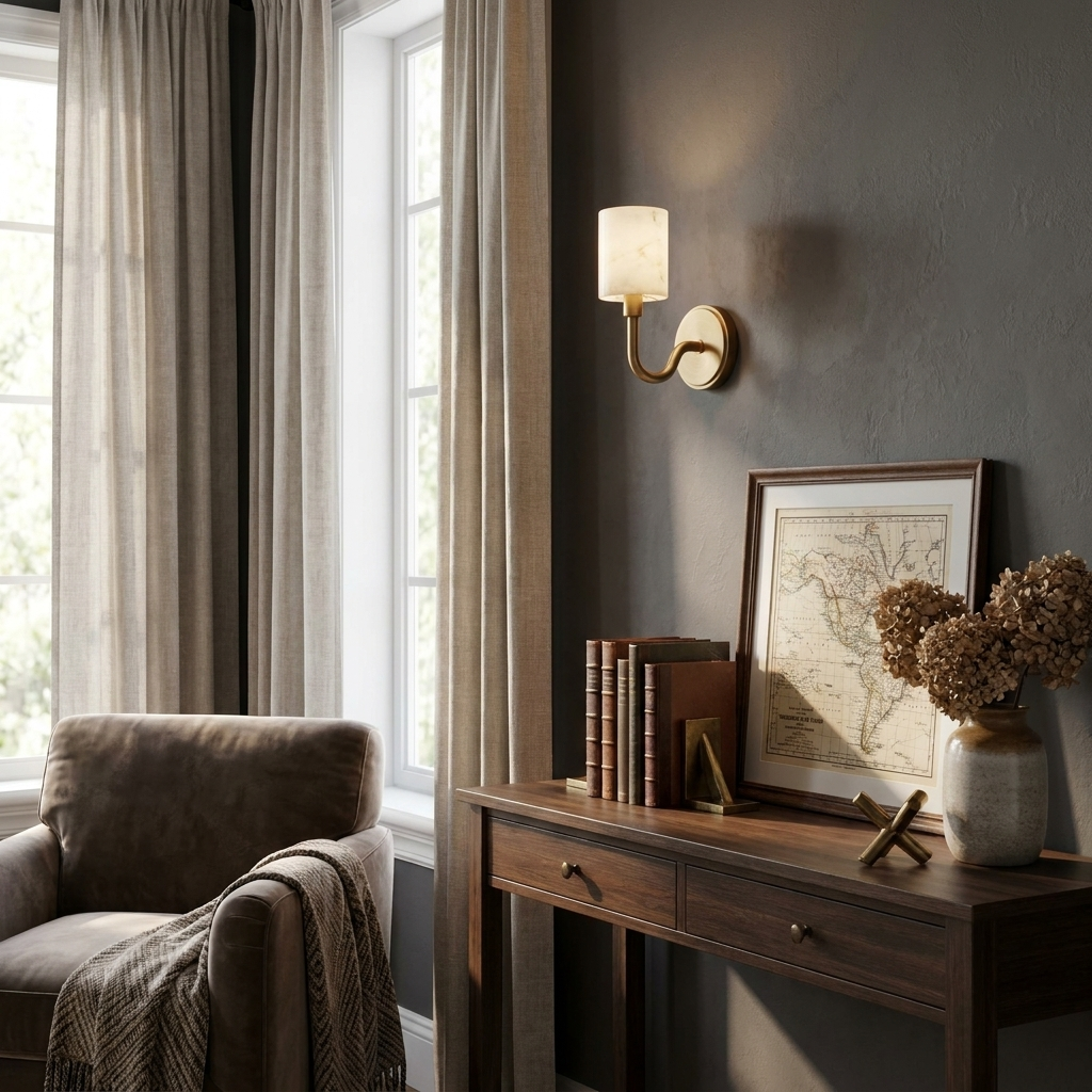 Alabaster Cylinder Wall Sconce Curved Arm 4.7 x 11 in