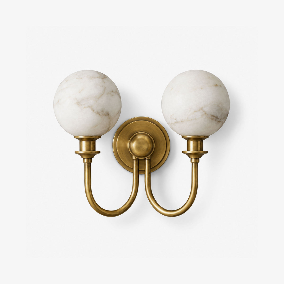 Alabaster Double Wall Sconce Two Globes Curved Arms 13.5 in
