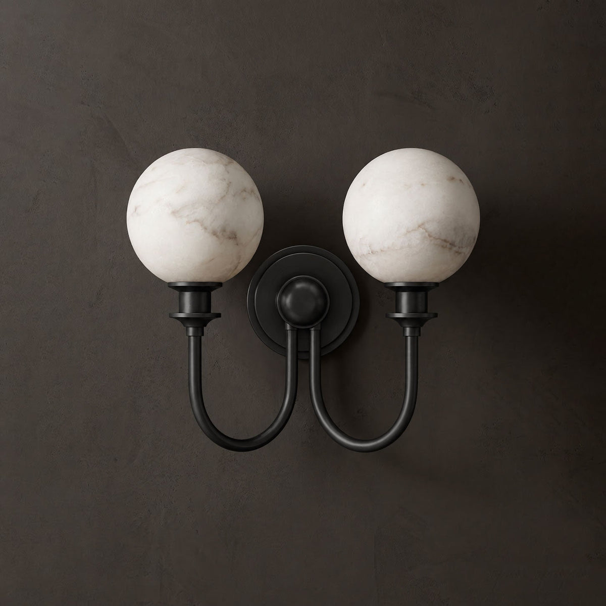 Alabaster Double Wall Sconce Two Globes Curved Arms 13.5 in