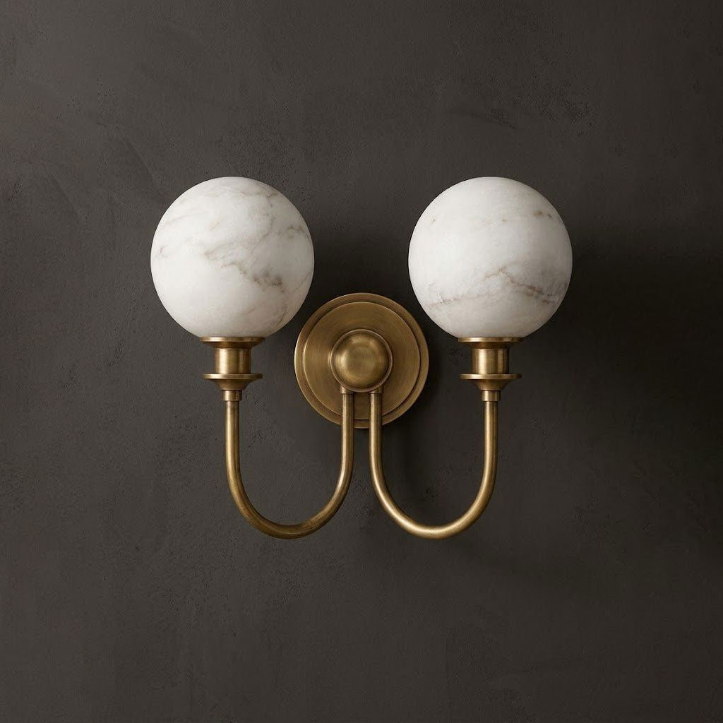Alabaster Double Wall Sconce Two Globes Curved Arms 13.5 in