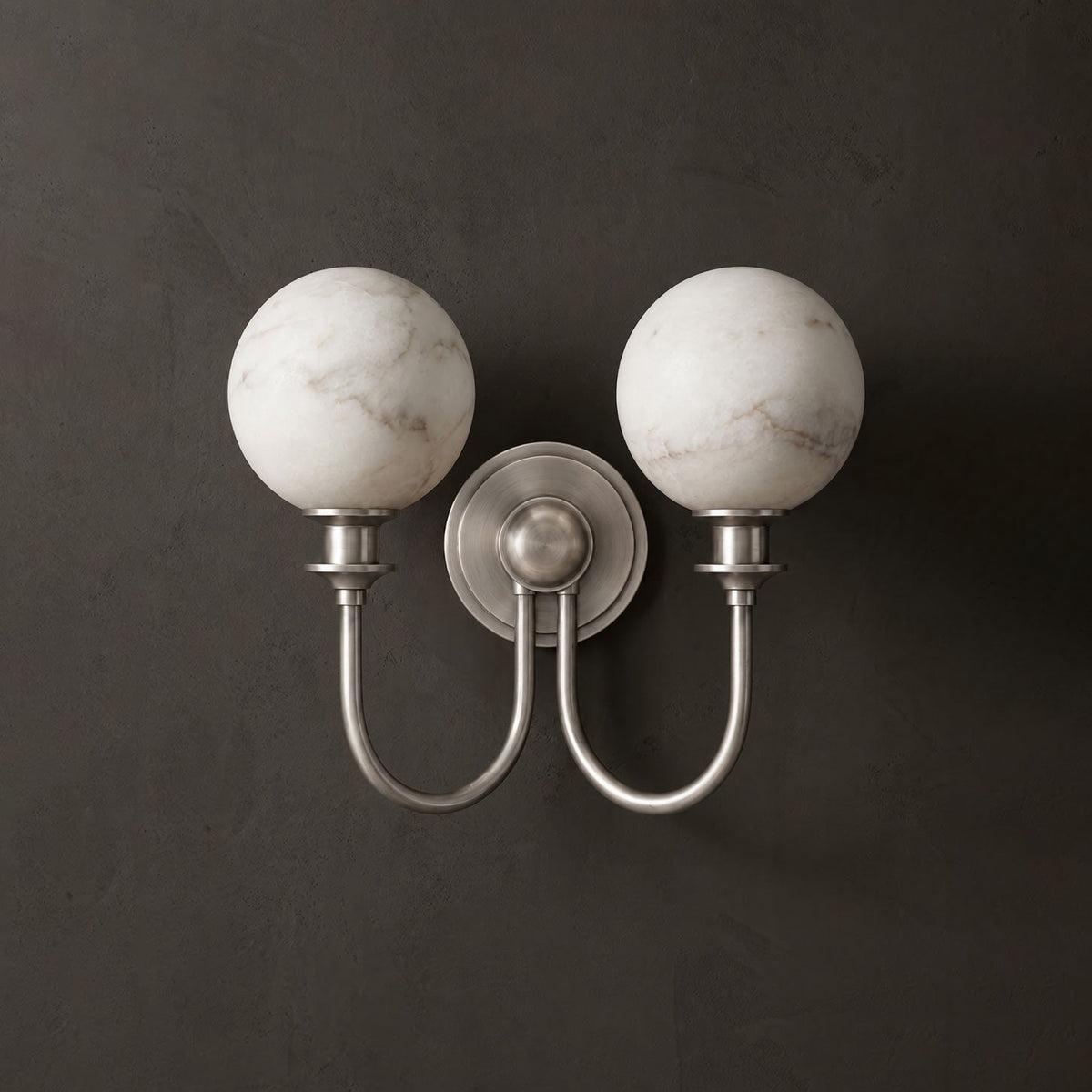 Alabaster Double Wall Sconce Two Globes Curved Arms 13.5 in