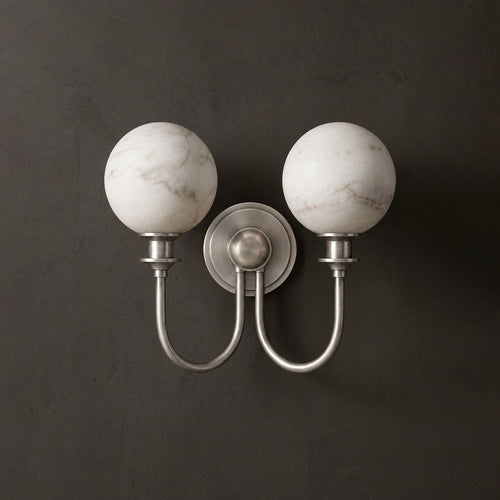Alabaster Double Wall Sconce Two Globes Curved Arms 13.5 in