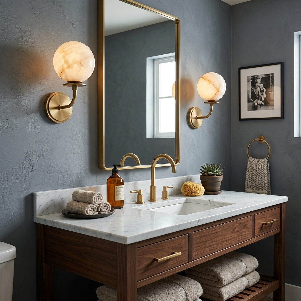 Alabaster Globe Wall Sconce Curved Arm Bobeche 12.2 in