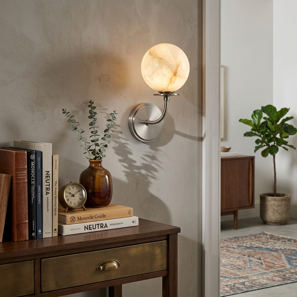 Alabaster Globe Wall Sconce Curved Arm Bobeche 12.2 in