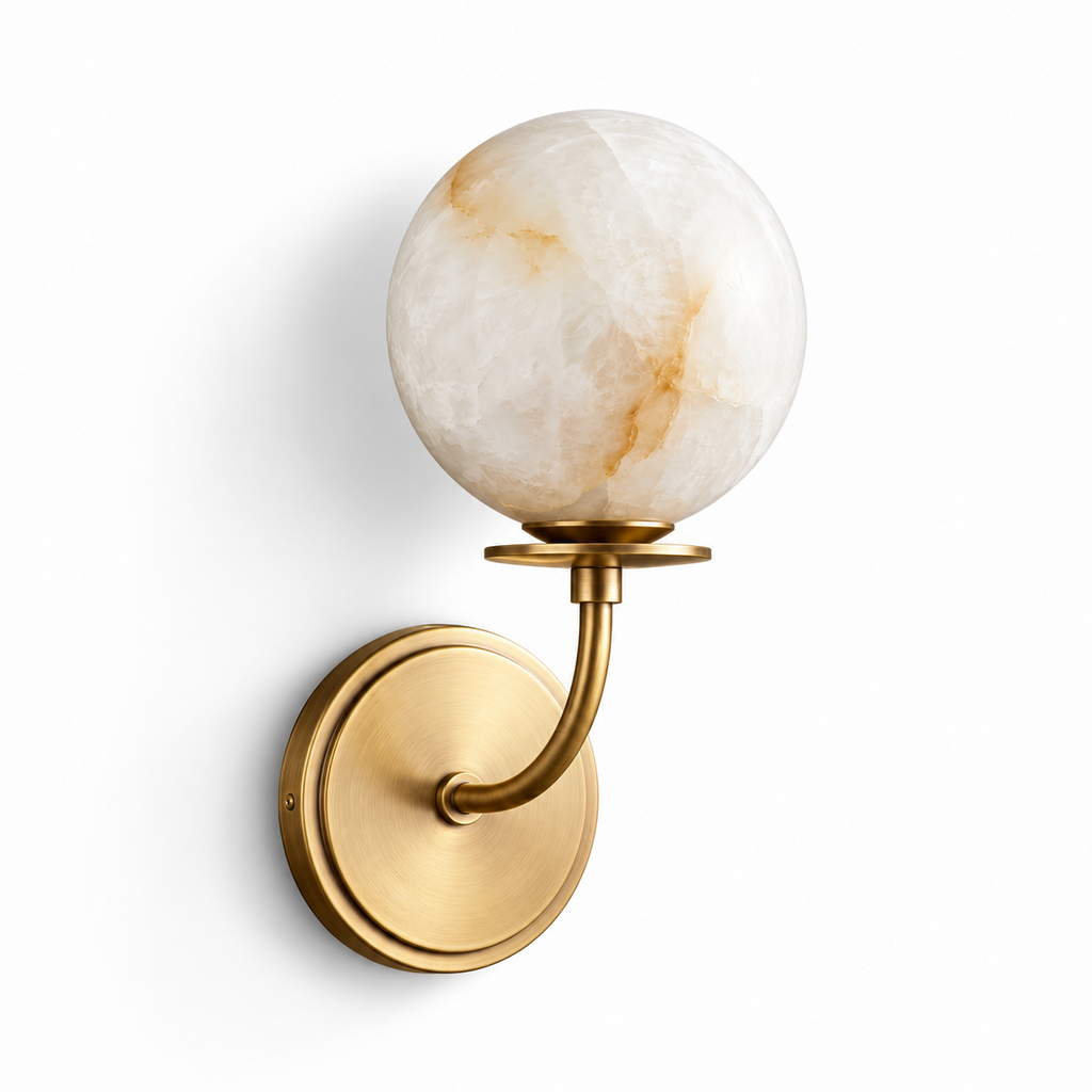 Alabaster Globe Wall Sconce Curved Arm Bobeche 12.2 in