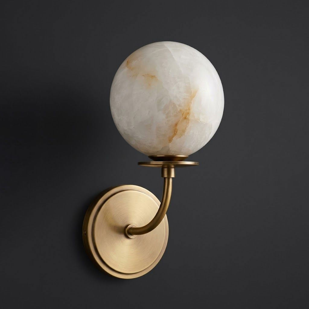 Alabaster Globe Wall Sconce Curved Arm Bobeche 12.2 in