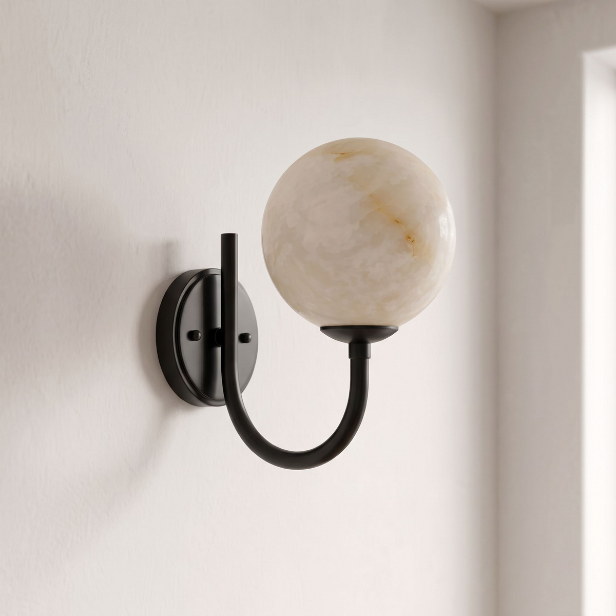 Alabaster Globe Wall Sconce Curved J Arm 9.8 in Set of 3