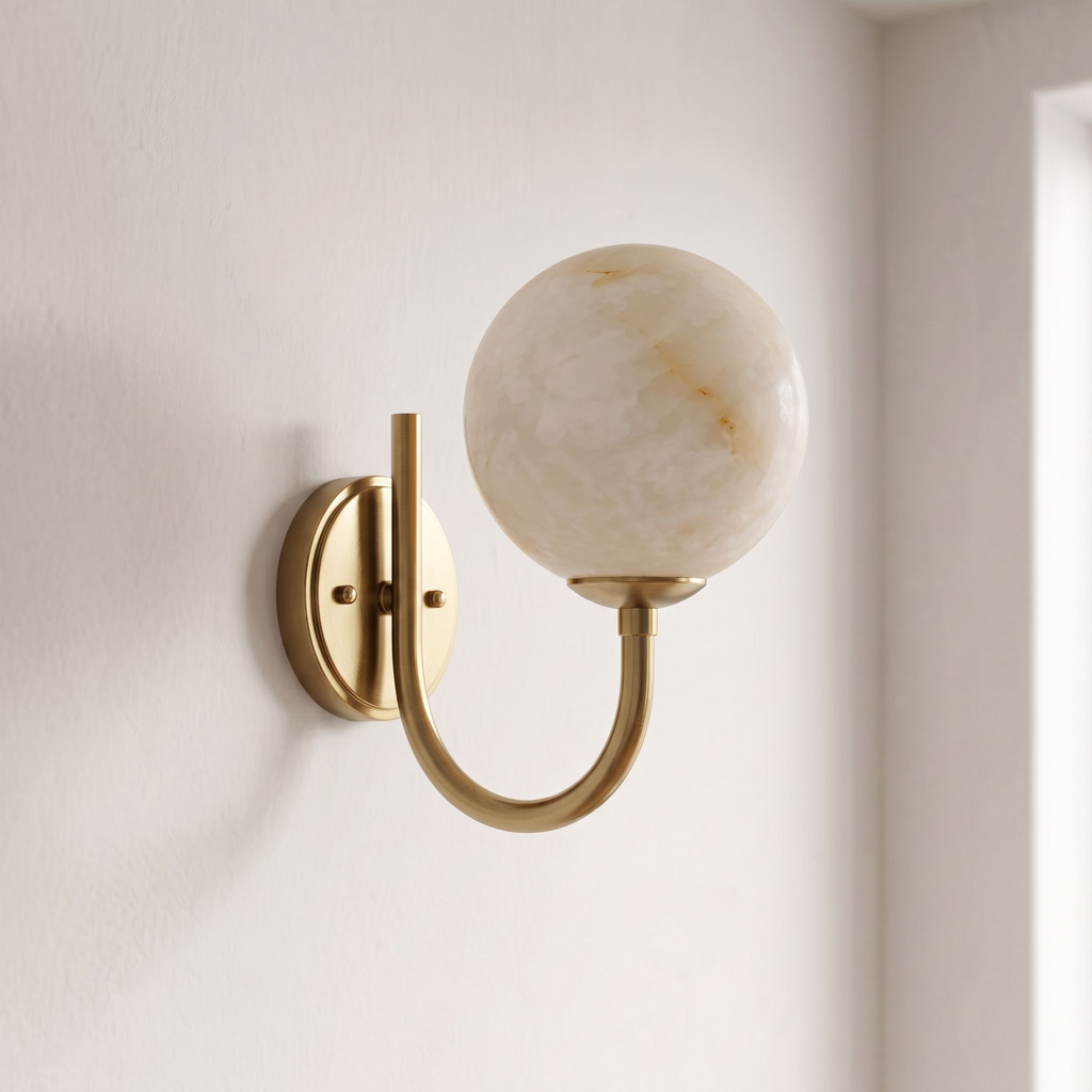 Alabaster Globe Wall Sconce Curved J Arm 9.8 in Set of 3