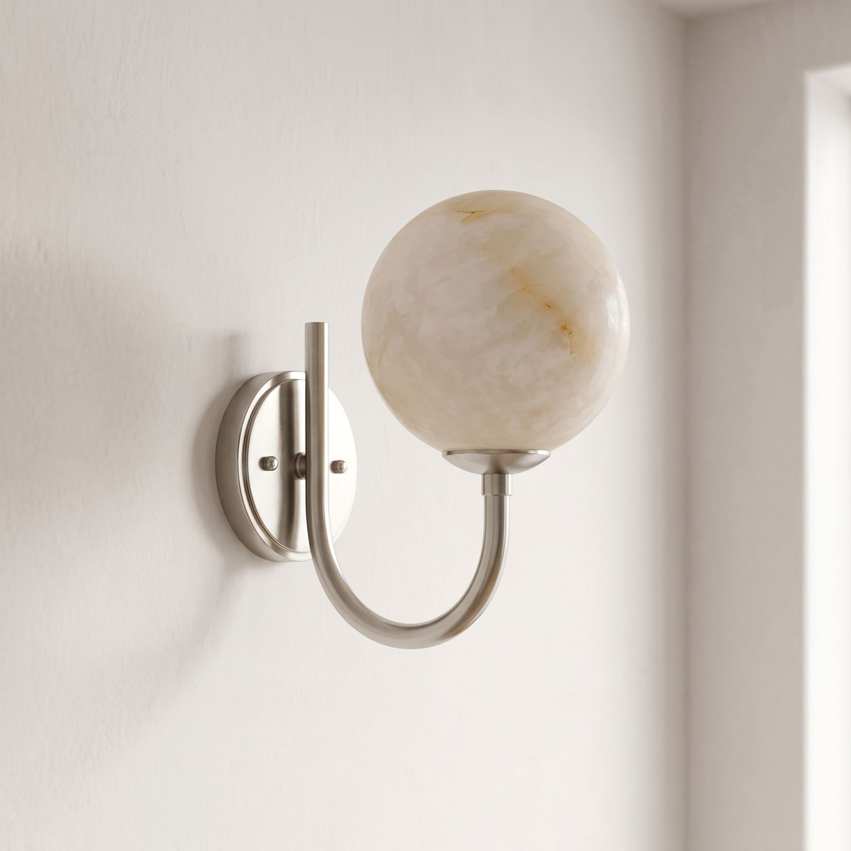Alabaster Globe Wall Sconce Curved J Arm 9.8 in Set of 3