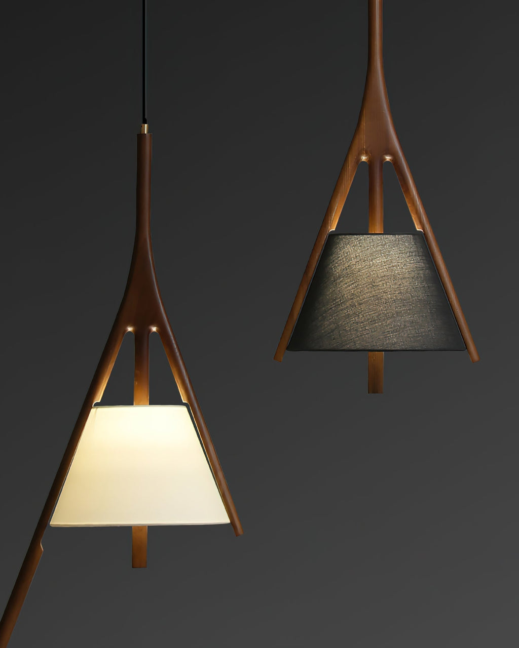 Angled Wood Arm Pendant Light Black Cone Shade 9.8 in Set of 3