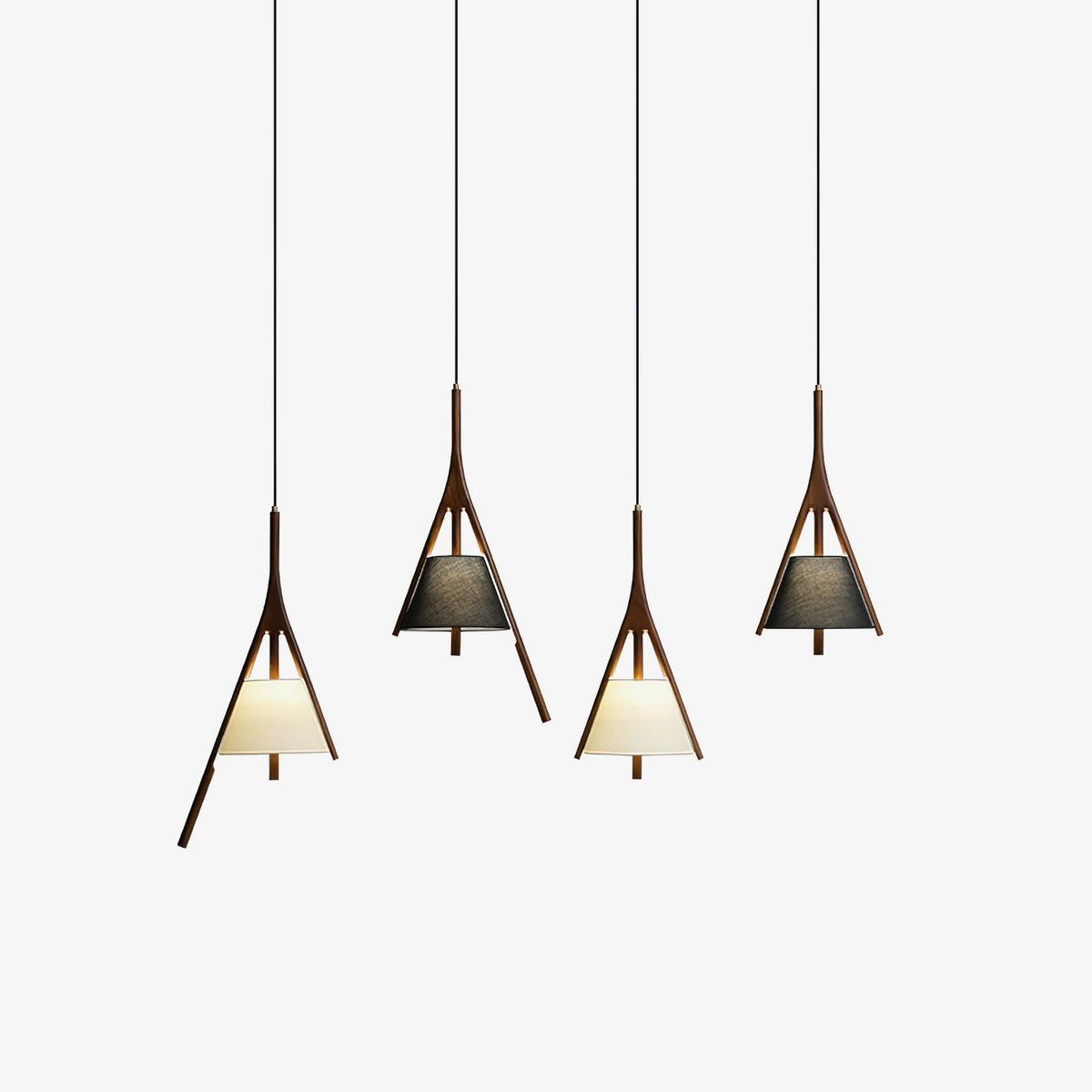 Angled Wood Arm Pendant Light Black Cone Shade 9.8 in Set of 3