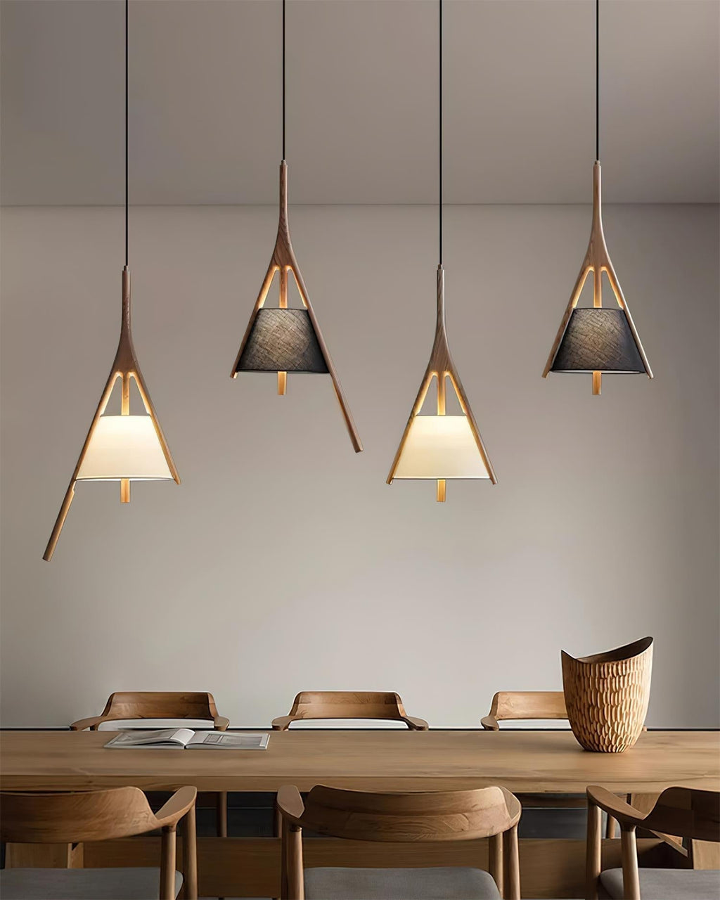 Angled Wood Arm Pendant Light Black Cone Shade 9.8 in Set of 3