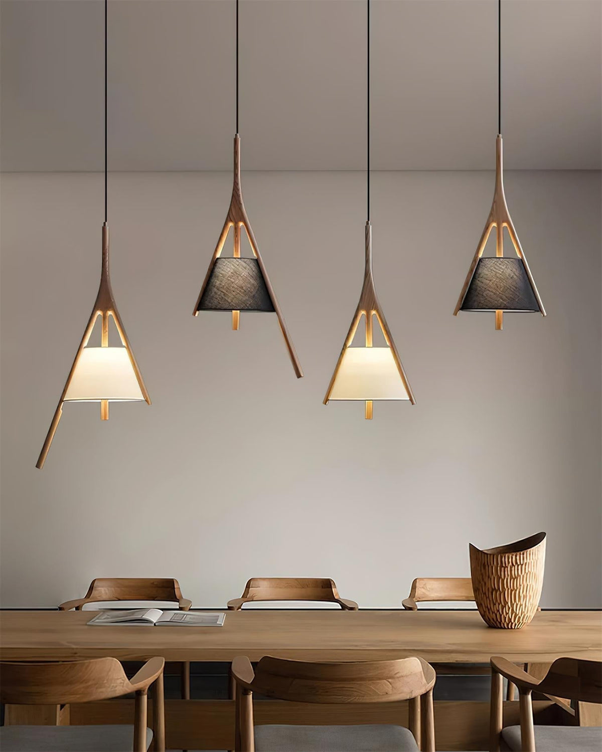 Angled Wood Arm Pendant Light Black Cone Shade 9.8 in Set of 3