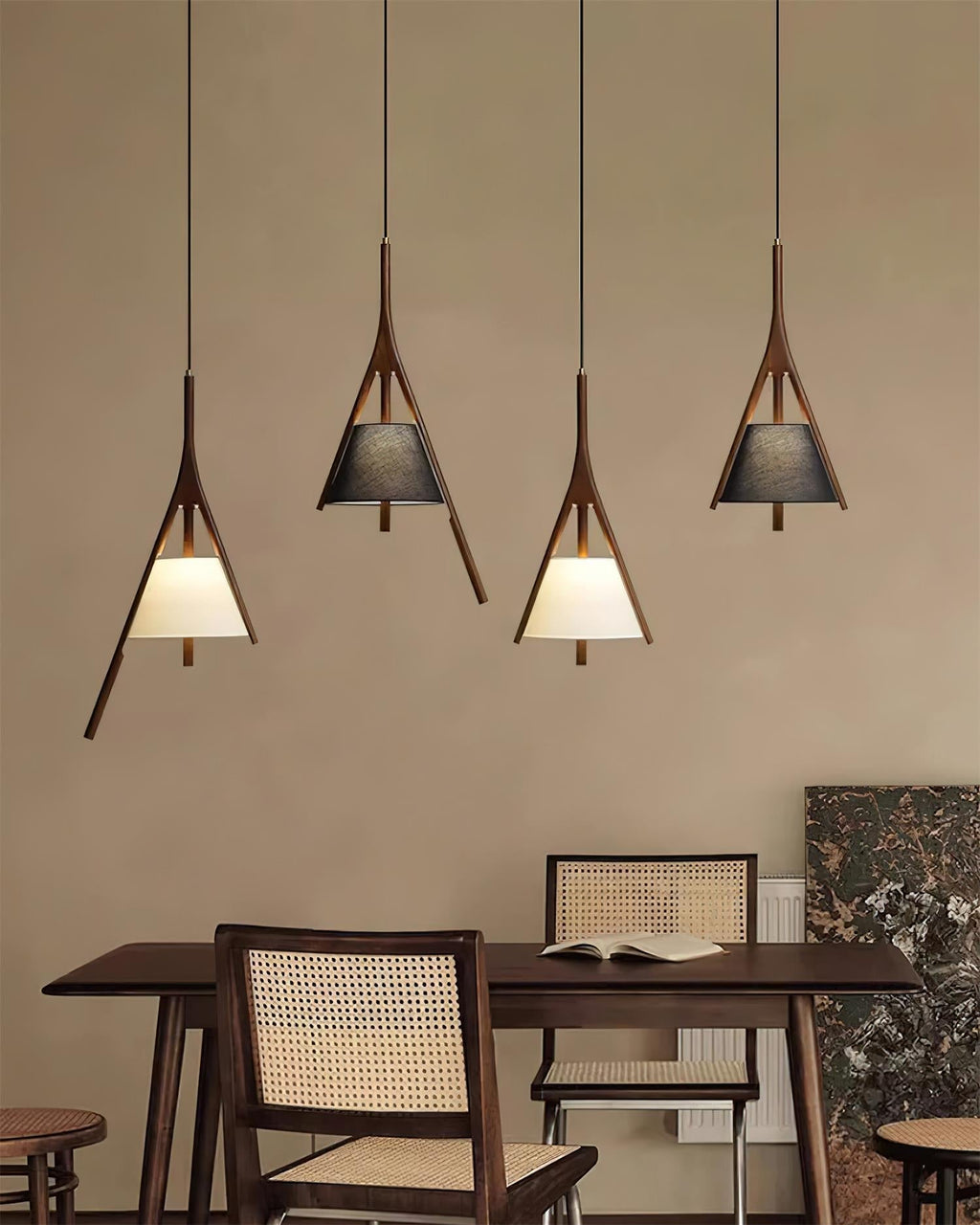 Angled Wood Arm Pendant Light Black Cone Shade 9.8 in Set of 3