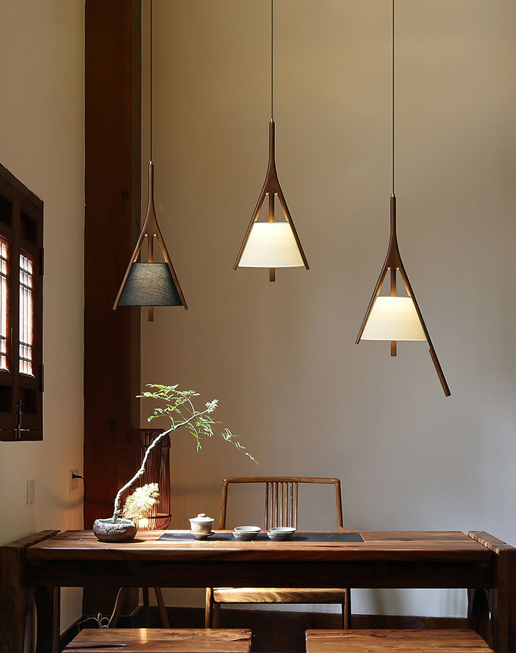 Angled Wood Arm Pendant Light Black Cone Shade 9.8 in Set of 3