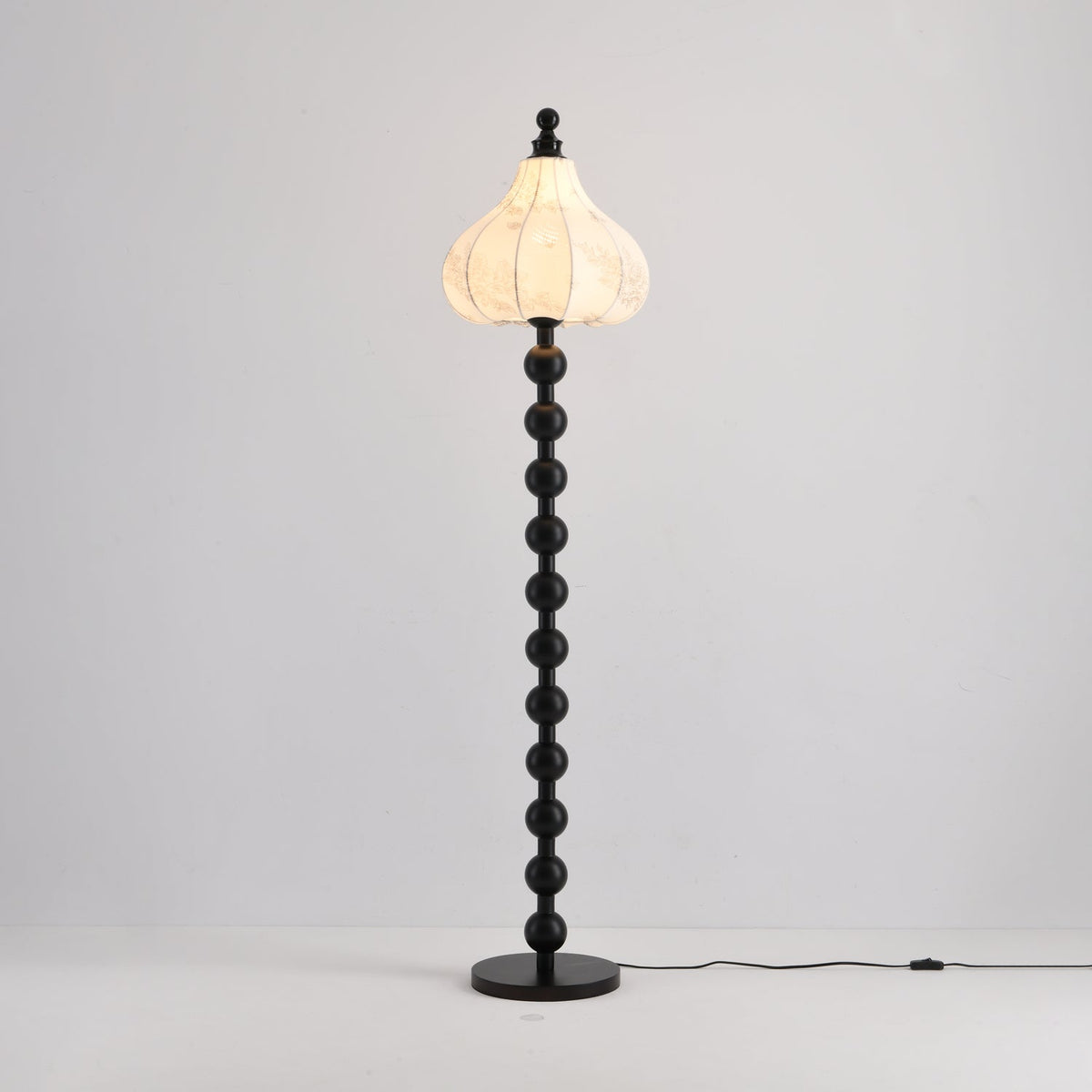 Beaded Wood Floor Lamp Carved White Fabric Shade 64.9 in Set of 3