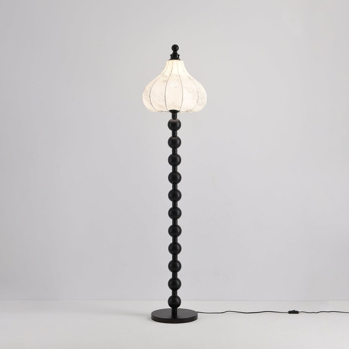Beaded Wood Floor Lamp Carved White Fabric Shade 64.9 in Set of 3