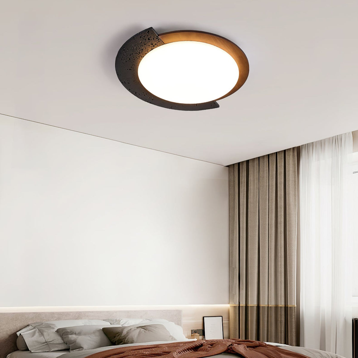 Black Stone Flush Mount Ceiling Light Walnut Arc 17.7 in