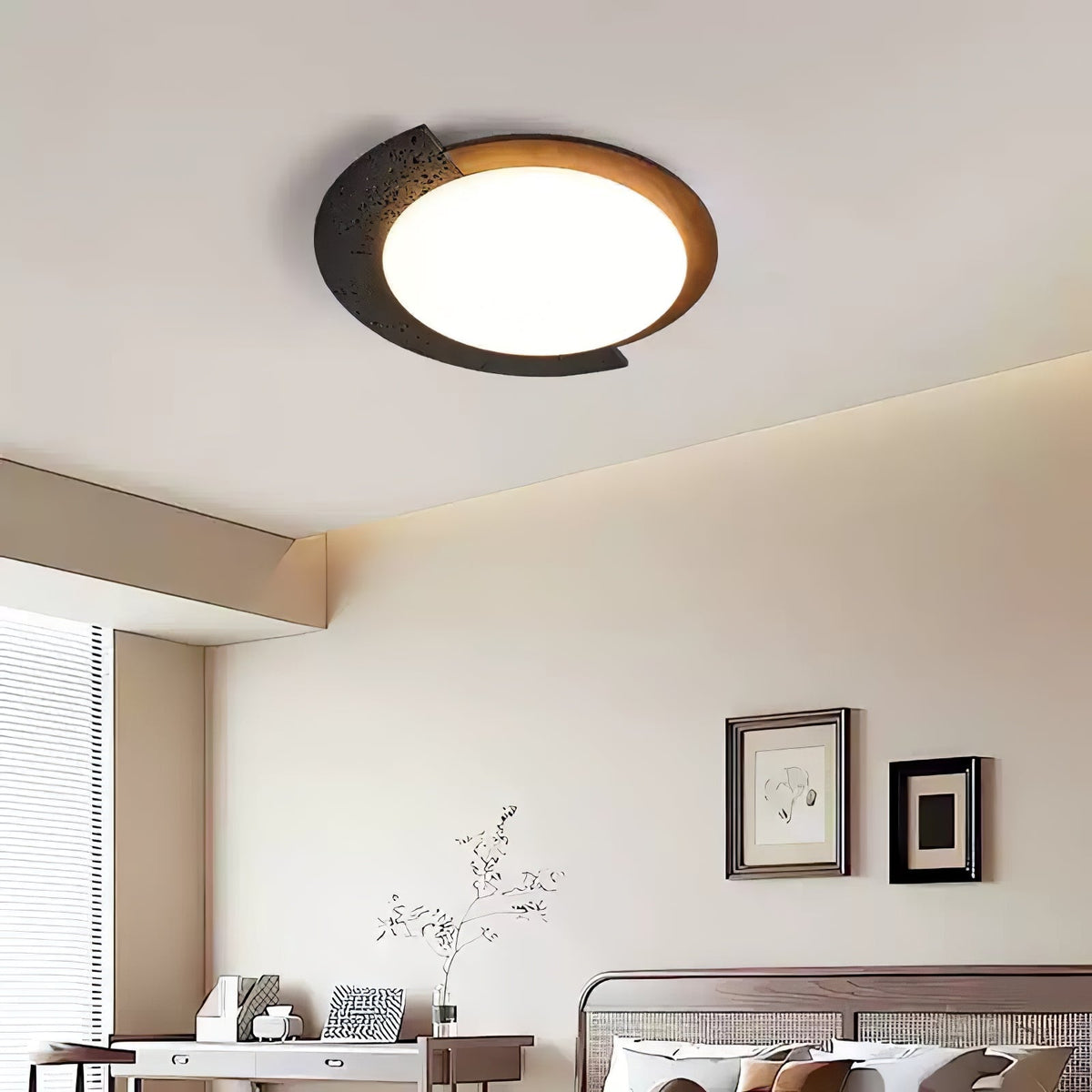 Black Stone Flush Mount Ceiling Light Walnut Arc 17.7 in