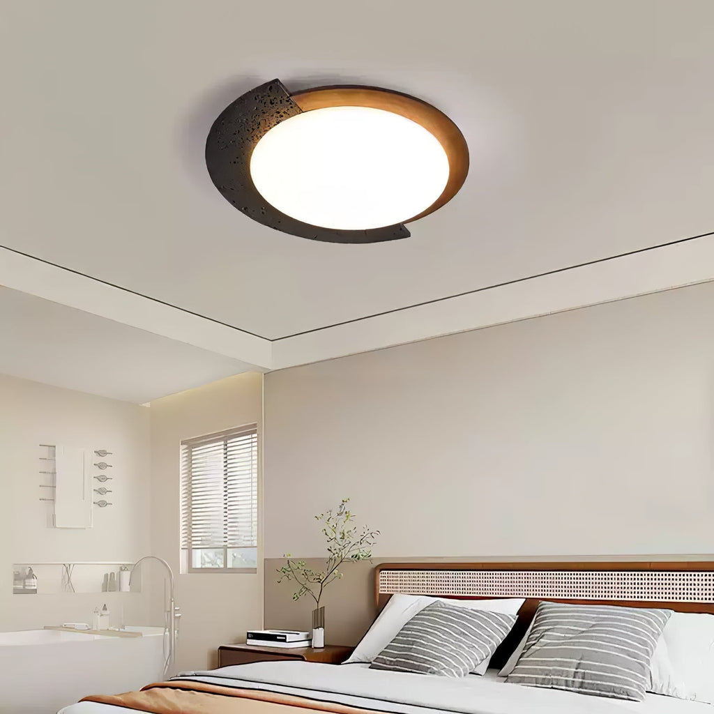 Black Stone Flush Mount Ceiling Light Walnut Arc 17.7 in