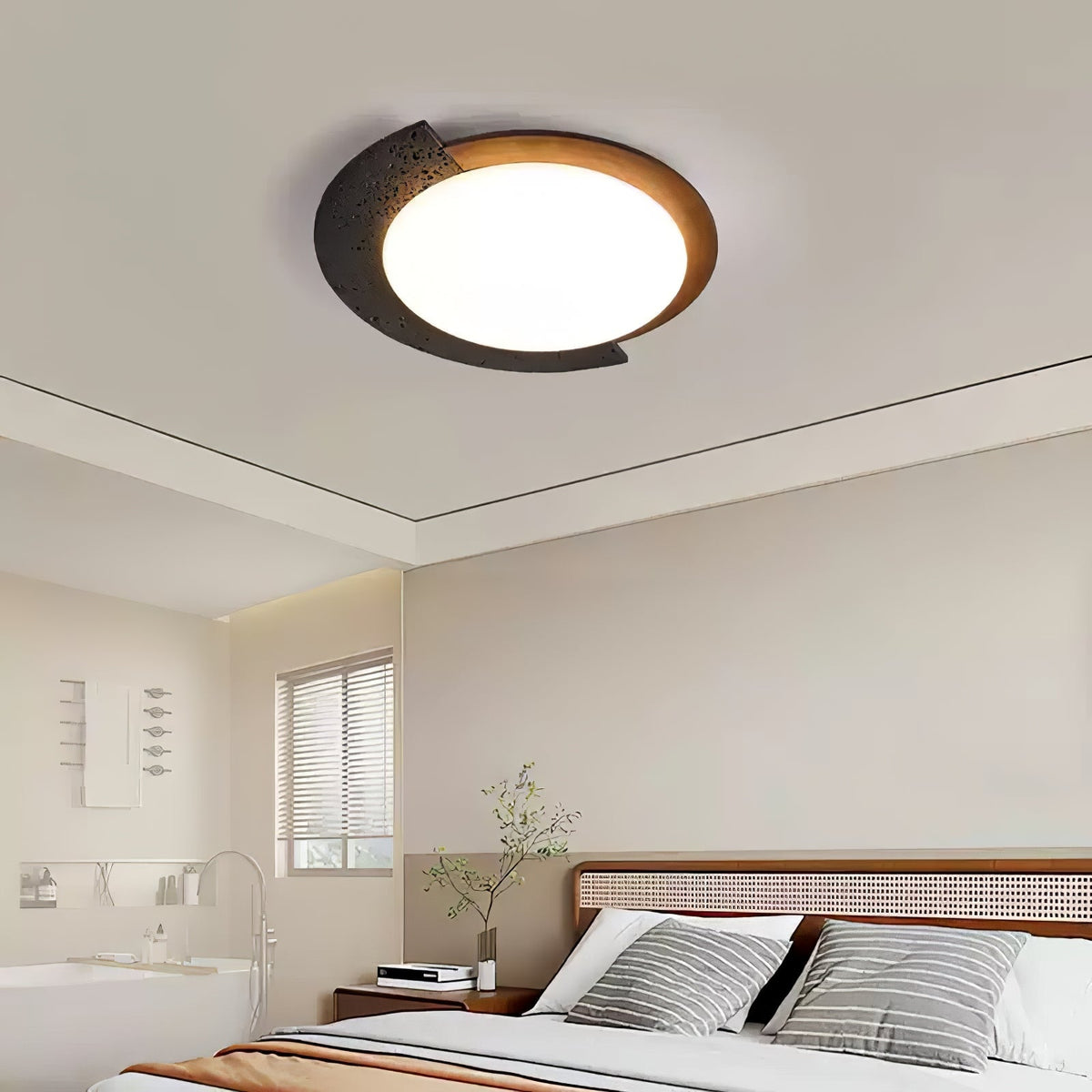 Black Stone Flush Mount Ceiling Light Walnut Arc 17.7 in