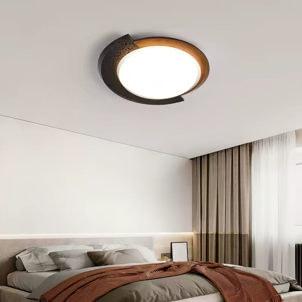 Black Stone Flush Mount Ceiling Light Walnut Arc 17.7 in