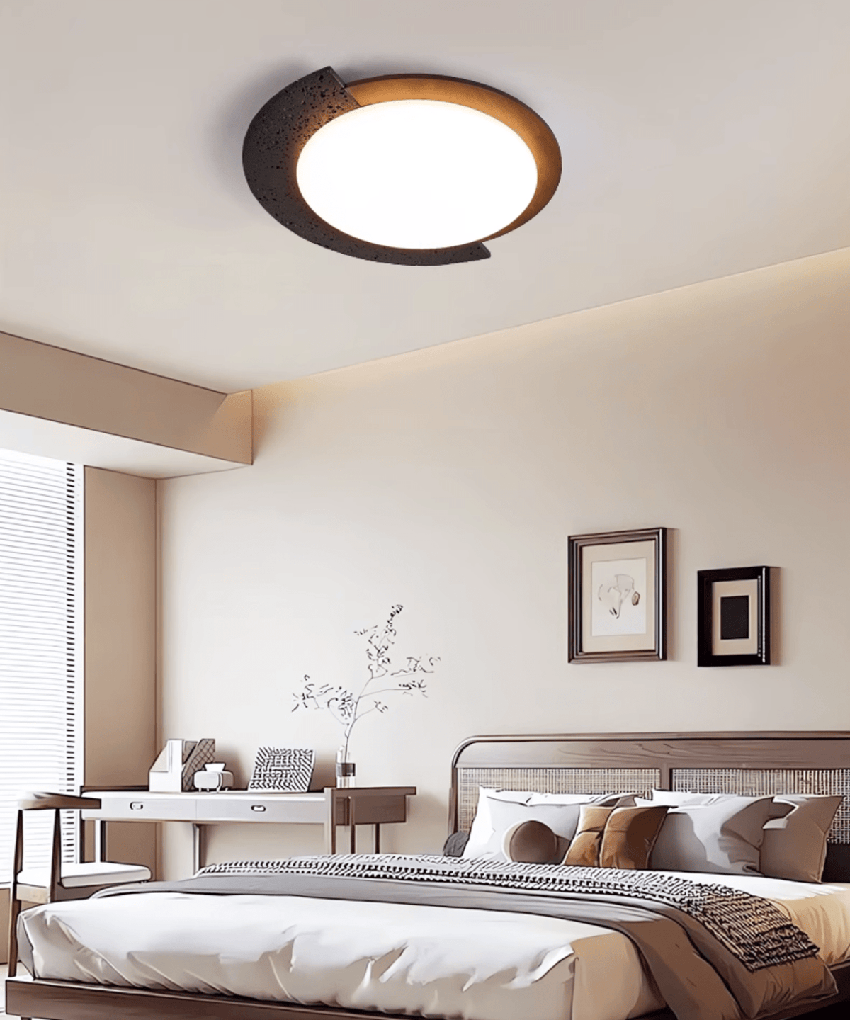 Black Stone Flush Mount Ceiling Light Walnut Arc 17.7 in