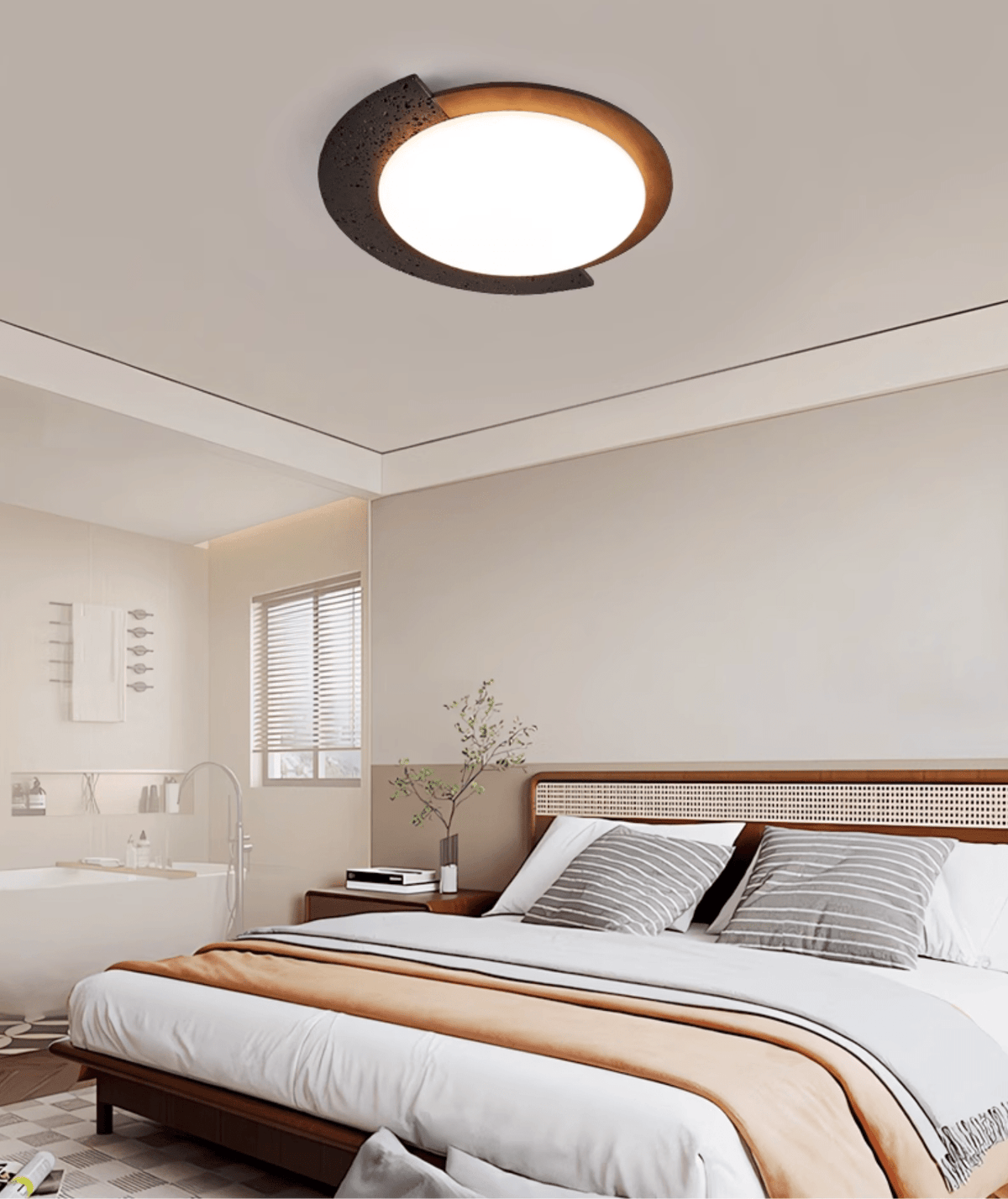 Black Stone Flush Mount Ceiling Light Walnut Arc 17.7 in