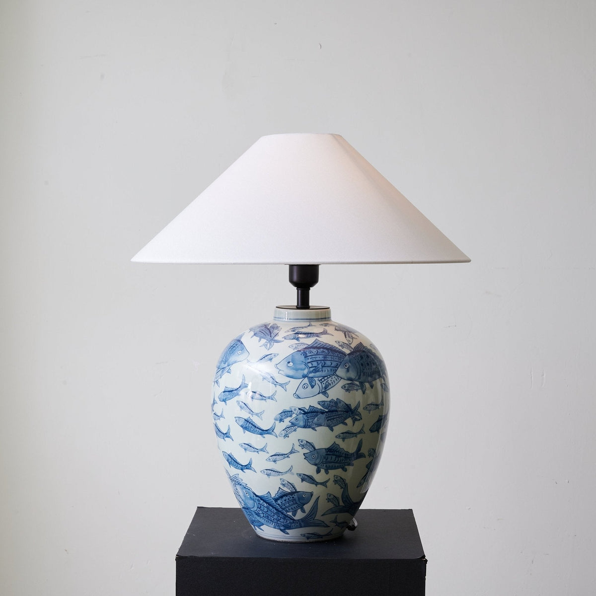 Blue Fish Porcelain Table Lamp White Linen Shade 19.7 in Set of 2