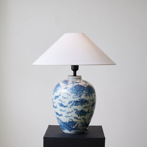 Blue Fish Porcelain Table Lamp White Linen Shade 19.7 in Set of 2