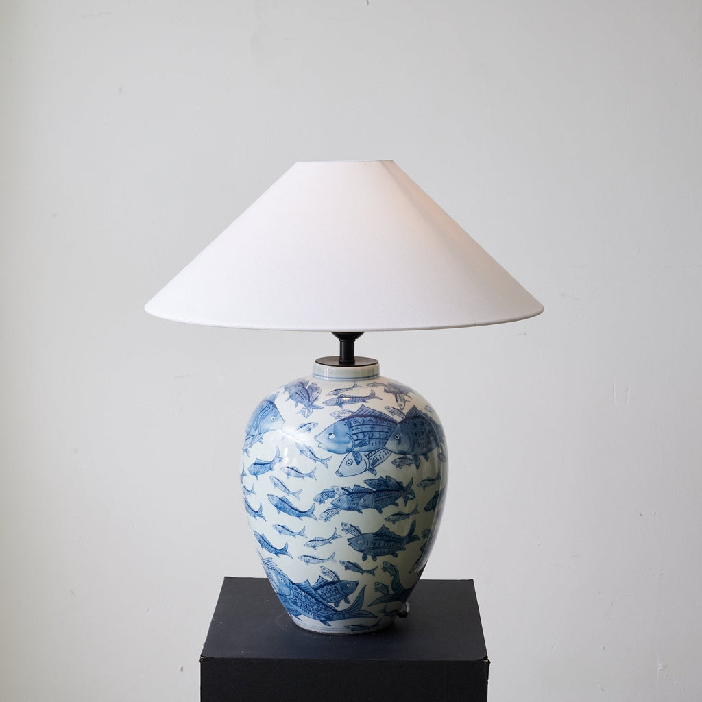 Blue Fish Porcelain Table Lamp White Linen Shade 19.7 in Set of 2