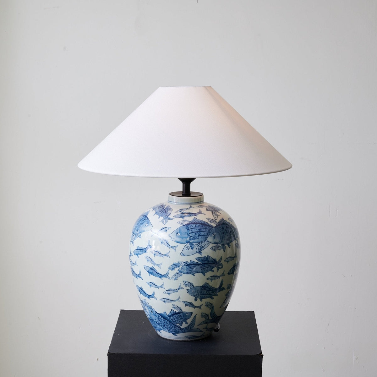 Blue Fish Porcelain Table Lamp White Linen Shade 19.7 in Set of 2