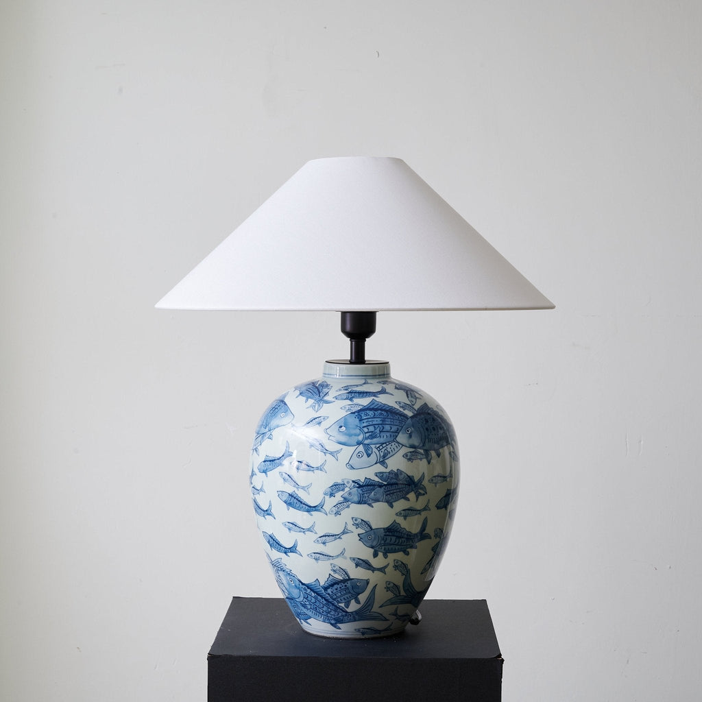 Blue Fish Porcelain Table Lamp White Linen Shade 19.7 in Set of 2