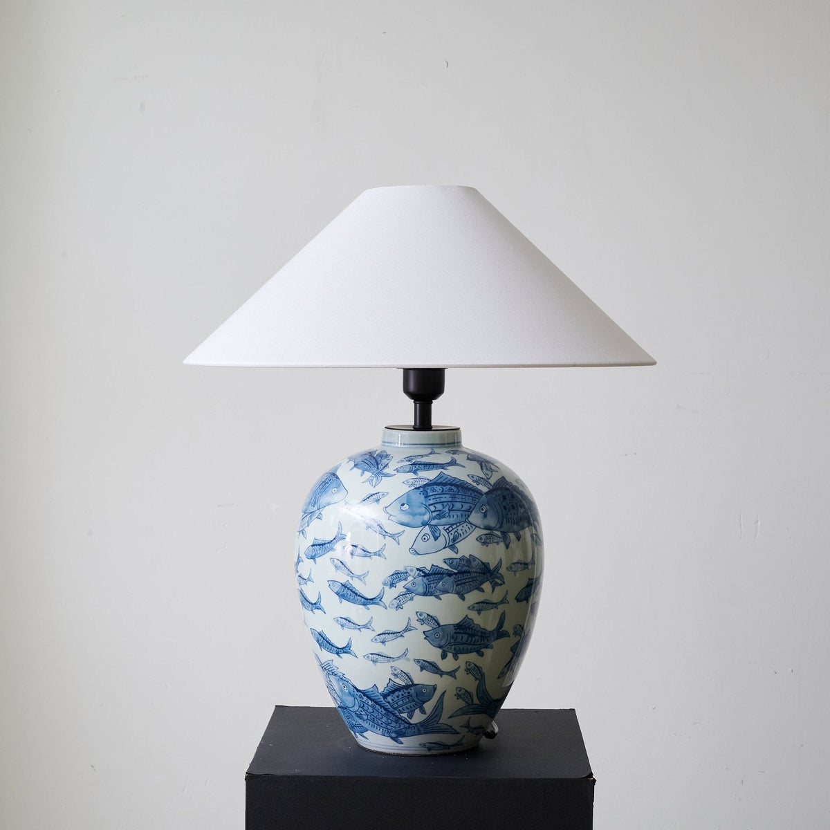 Blue Fish Porcelain Table Lamp White Linen Shade 19.7 in Set of 2